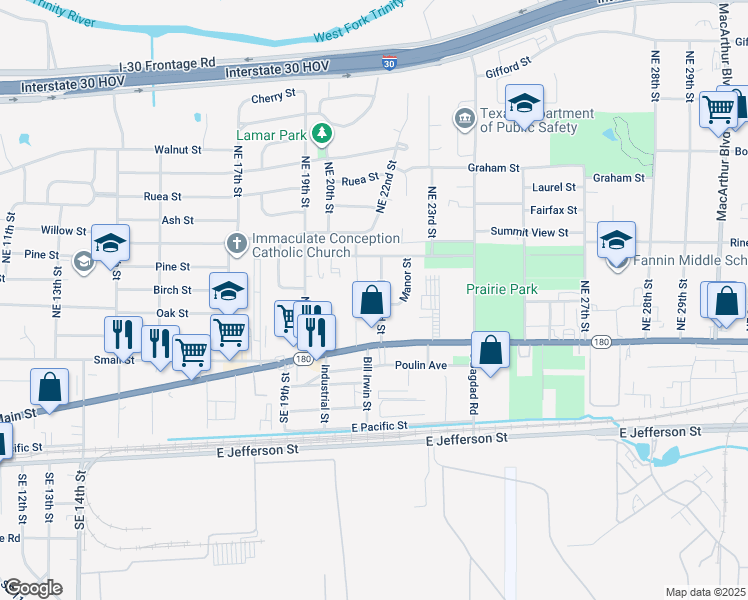 map of restaurants, bars, coffee shops, grocery stores, and more near 207 Northeast 22nd Street in Grand Prairie