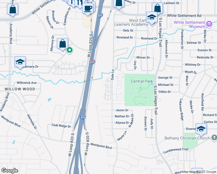 map of restaurants, bars, coffee shops, grocery stores, and more near 705 Dale Lane in White Settlement