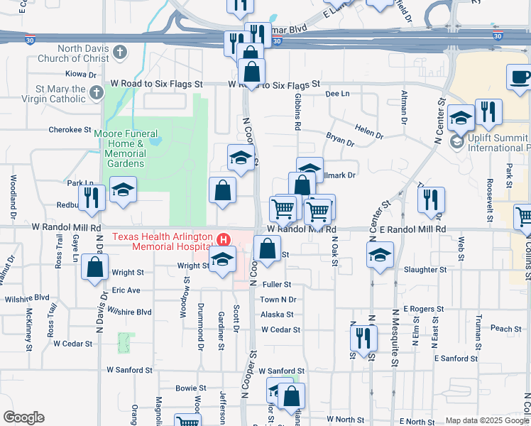 map of restaurants, bars, coffee shops, grocery stores, and more near 1001 North Cooper Street in Arlington
