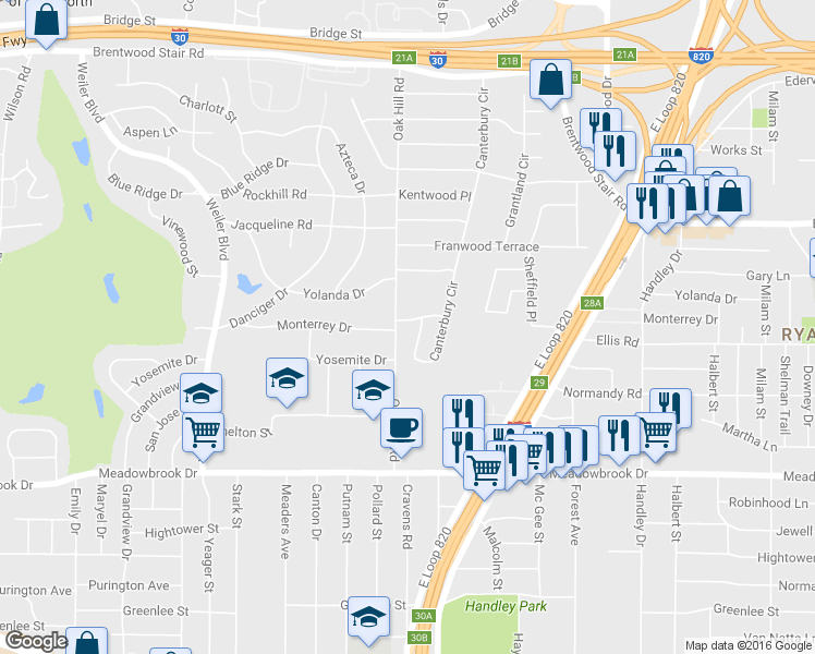 map of restaurants, bars, coffee shops, grocery stores, and more near 6204 Monterrey Drive in Fort Worth