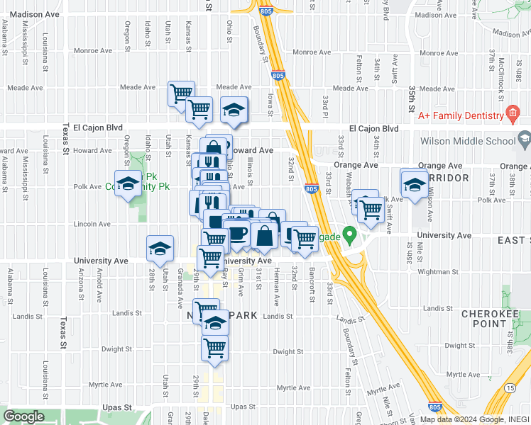 map of restaurants, bars, coffee shops, grocery stores, and more near 4028 Iowa Street in San Diego