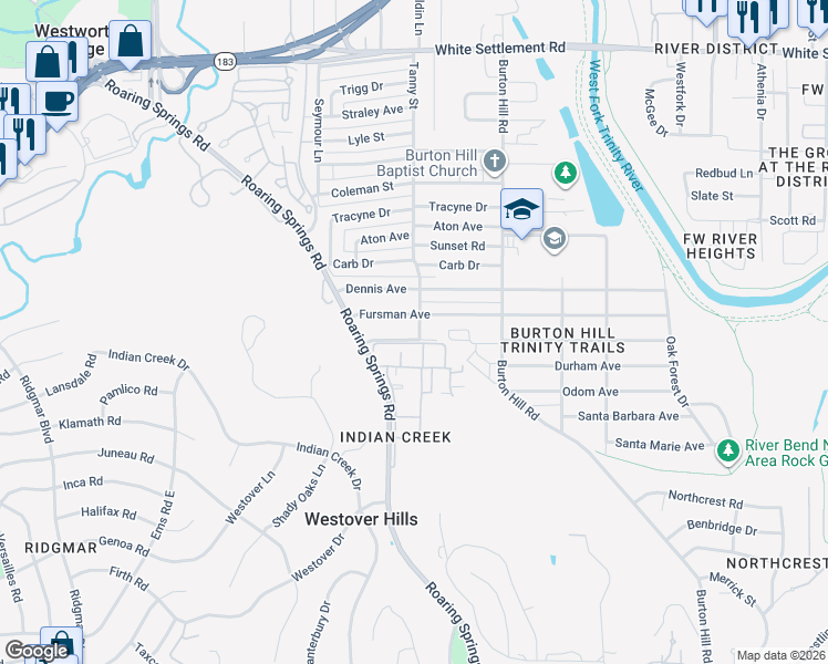 map of restaurants, bars, coffee shops, grocery stores, and more near 5800 Volder Drive in Fort Worth