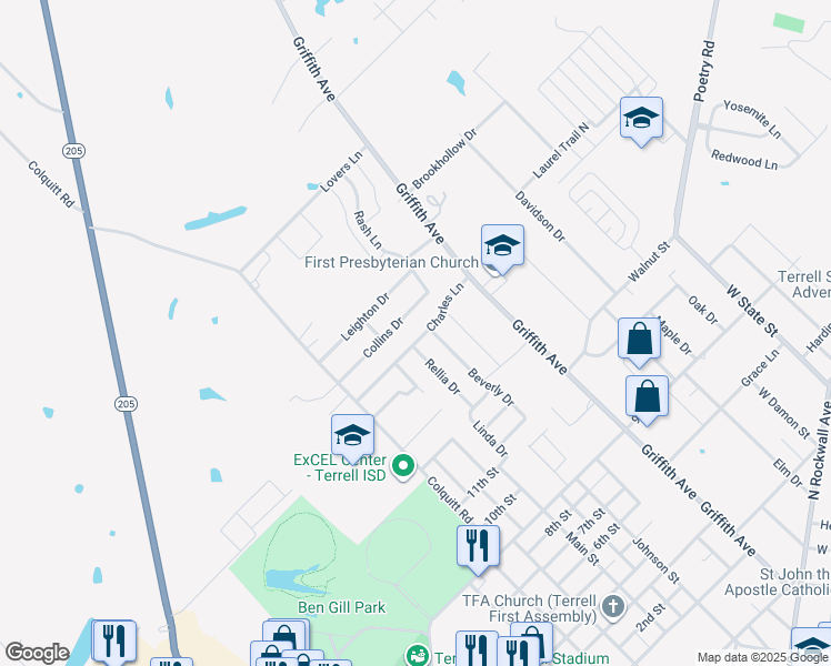 map of restaurants, bars, coffee shops, grocery stores, and more near 889 Beverly Drive in Terrell