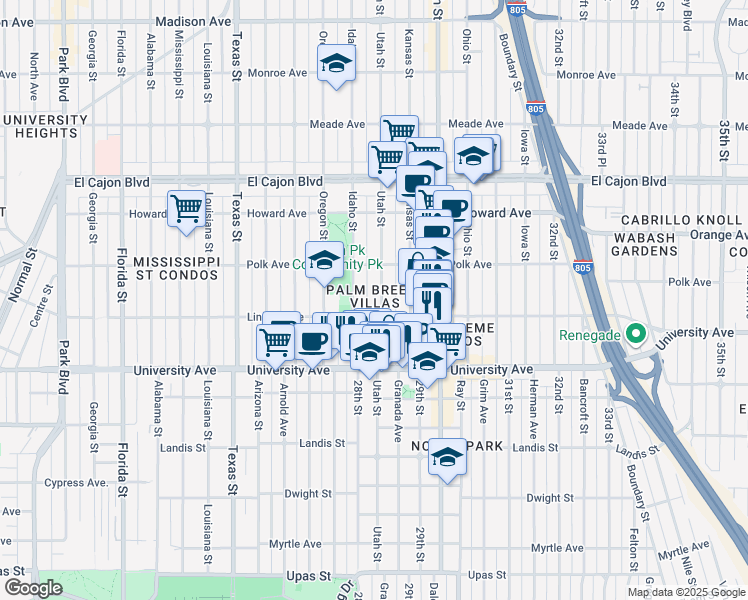 map of restaurants, bars, coffee shops, grocery stores, and more near 4028 Utah Street in San Diego
