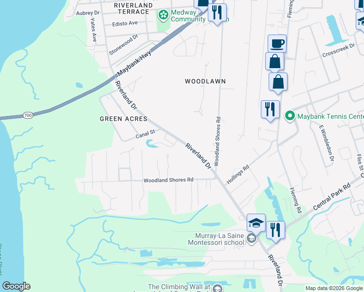 map of restaurants, bars, coffee shops, grocery stores, and more near 541 Riverland Drive in Charleston