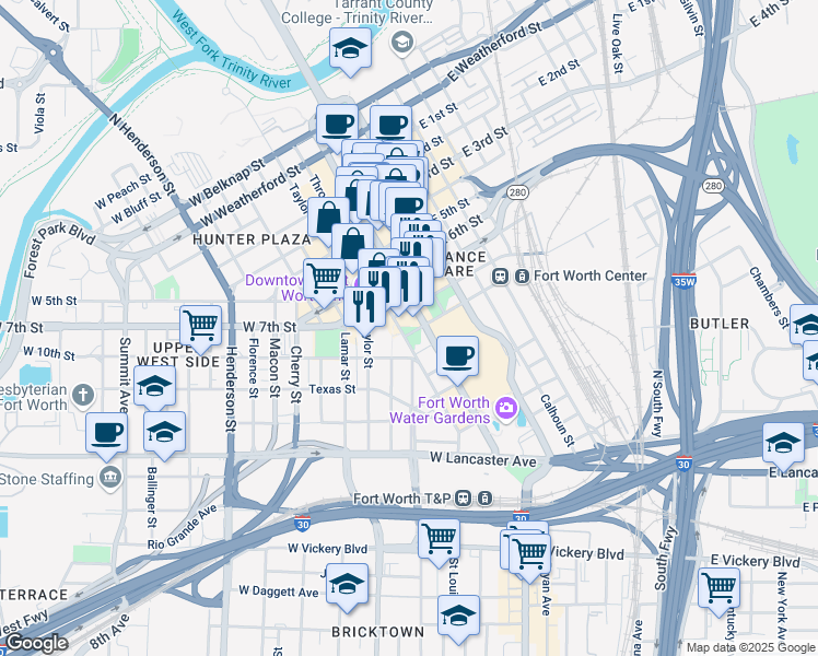 map of restaurants, bars, coffee shops, grocery stores, and more near 204 West 9th Street in Fort Worth
