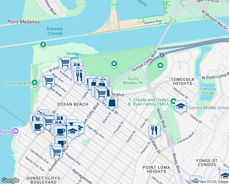 map of restaurants, bars, coffee shops, grocery stores, and more near 4754 West Point Loma Boulevard in San Diego