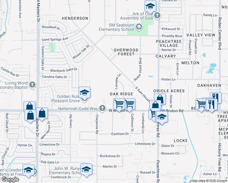 map of restaurants, bars, coffee shops, grocery stores, and more near 1301 Lorraine Lane in Mesquite