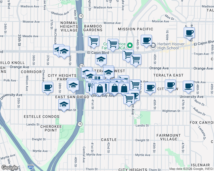 map of restaurants, bars, coffee shops, grocery stores, and more near 4070 42nd Street in San Diego