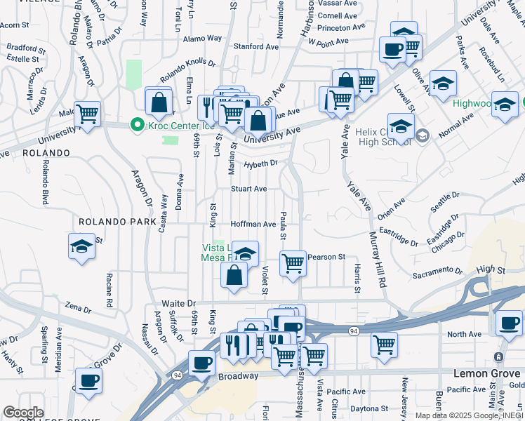 map of restaurants, bars, coffee shops, grocery stores, and more near 4026 Violet Street in La Mesa