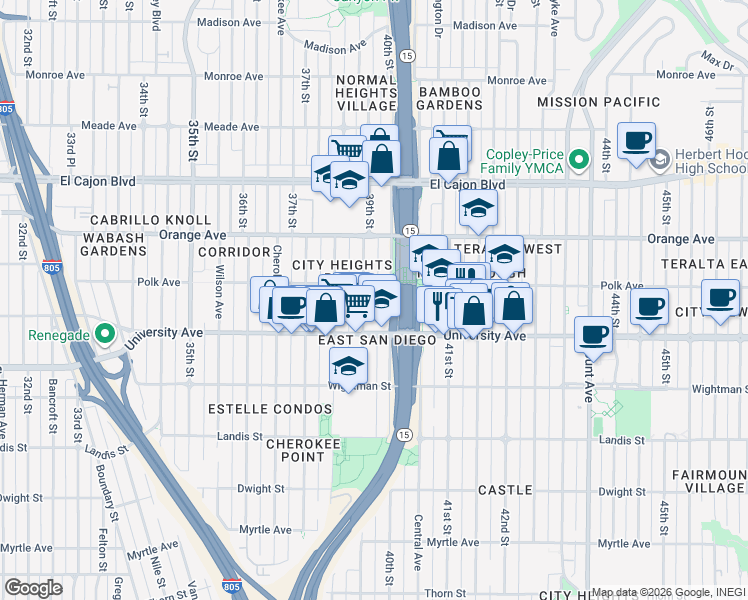 map of restaurants, bars, coffee shops, grocery stores, and more near 4071 39th Street in San Diego