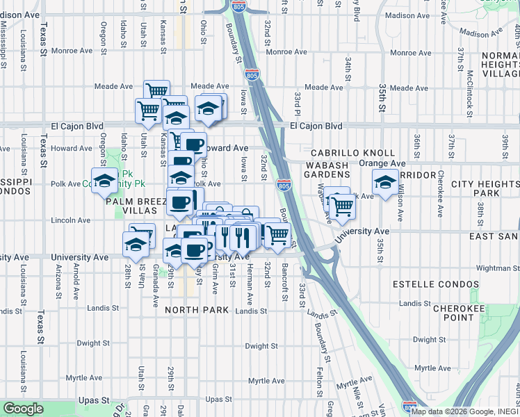 map of restaurants, bars, coffee shops, grocery stores, and more near 4033 Iowa Street in San Diego