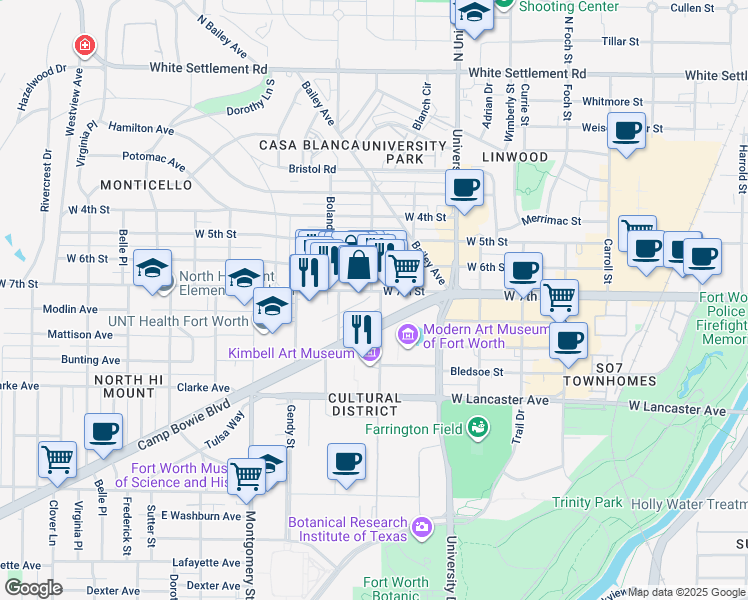 map of restaurants, bars, coffee shops, grocery stores, and more near in Fort Worth