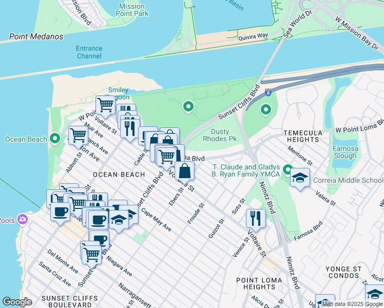 map of restaurants, bars, coffee shops, grocery stores, and more near 4770 West Point Loma Boulevard in San Diego