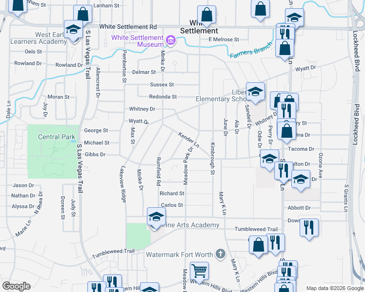 map of restaurants, bars, coffee shops, grocery stores, and more near 806 North Ridge Drive in White Settlement