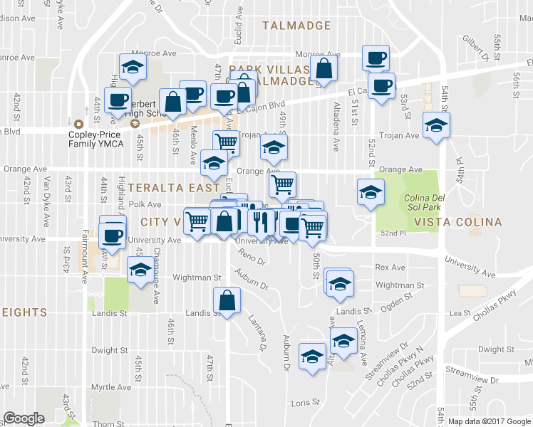 map of restaurants, bars, coffee shops, grocery stores, and more near 4079 Estrella Avenue in San Diego
