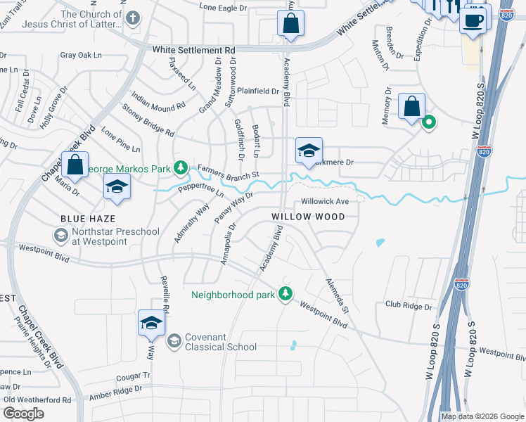 map of restaurants, bars, coffee shops, grocery stores, and more near 517 Annapolis Drive in Fort Worth