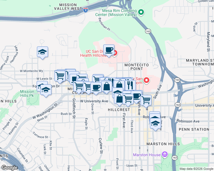 map of restaurants, bars, coffee shops, grocery stores, and more near 4056 Albatross Street in San Diego