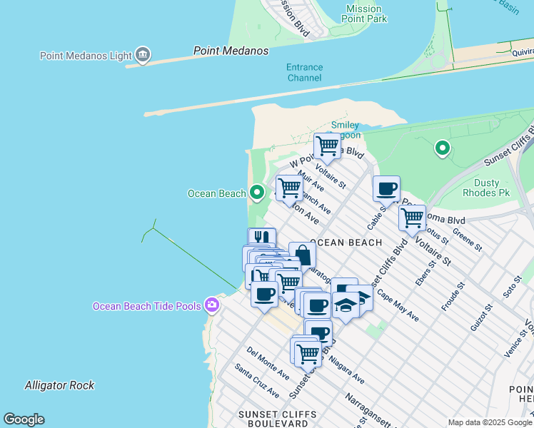 map of restaurants, bars, coffee shops, grocery stores, and more near 5155 Cape May Avenue in San Diego