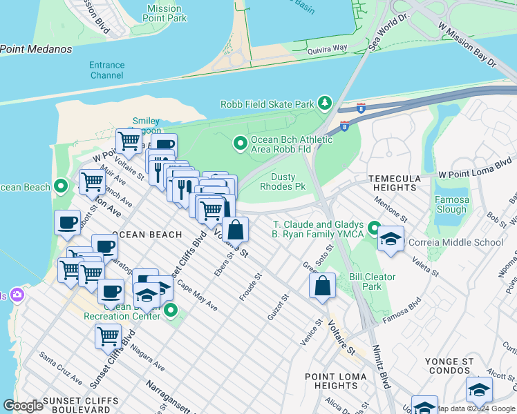 map of restaurants, bars, coffee shops, grocery stores, and more near 4712 West Point Loma Boulevard in San Diego