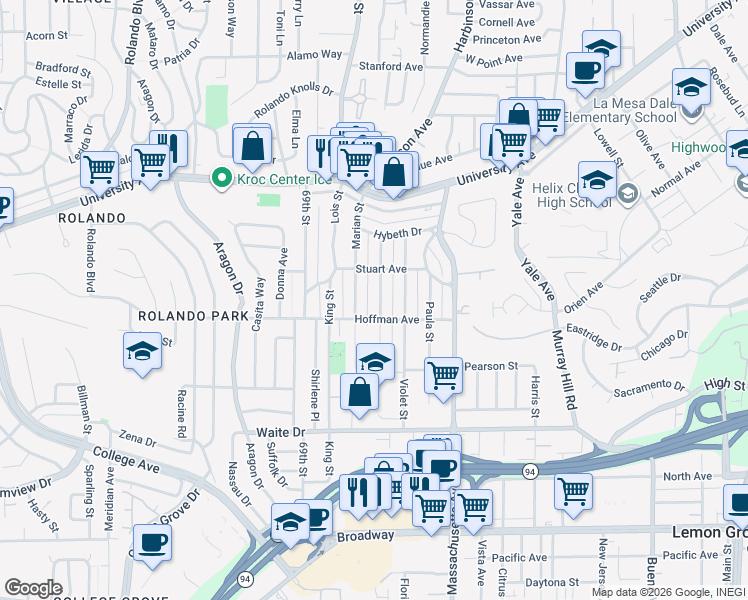 map of restaurants, bars, coffee shops, grocery stores, and more near 4026 Charles Street in La Mesa