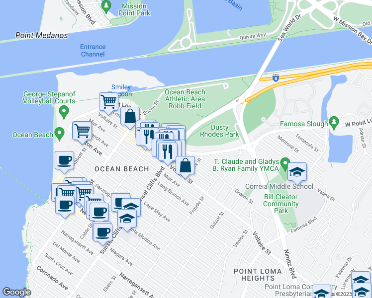 map of restaurants, bars, coffee shops, grocery stores, and more near 4770 West Point Loma Boulevard in San Diego