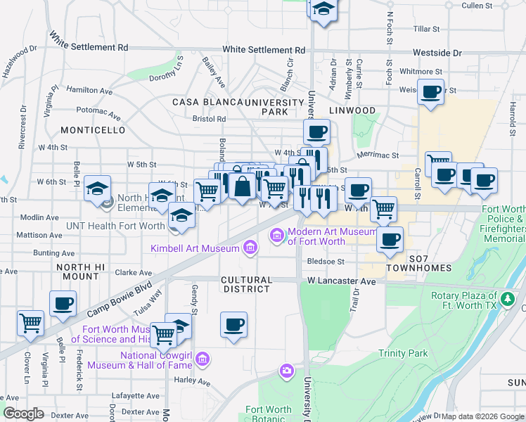 map of restaurants, bars, coffee shops, grocery stores, and more near 3225 West 7th Street in Fort Worth