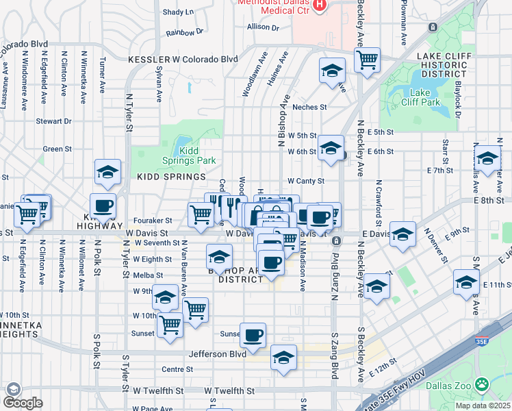 map of restaurants, bars, coffee shops, grocery stores, and more near 705 Haines Avenue in Dallas
