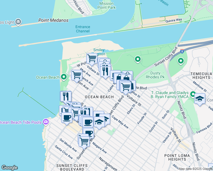 map of restaurants, bars, coffee shops, grocery stores, and more near 4942 Muir Avenue in San Diego