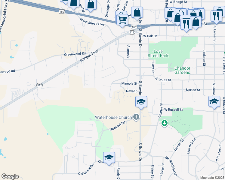 map of restaurants, bars, coffee shops, grocery stores, and more near 713 Ridgeway Boulevard in Weatherford