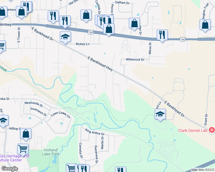 map of restaurants, bars, coffee shops, grocery stores, and more near 845 Andi Way in Weatherford