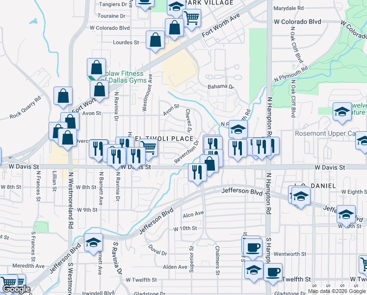map of restaurants, bars, coffee shops, grocery stores, and more near 2714 Overcrest Street in Dallas