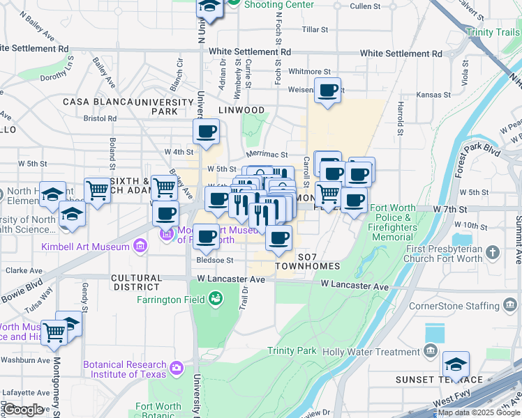 map of restaurants, bars, coffee shops, grocery stores, and more near 2837 West 7th Street in Fort Worth