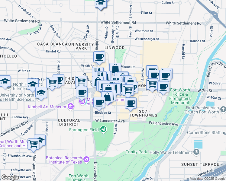 map of restaurants, bars, coffee shops, grocery stores, and more near 2913 West 7th Street in Fort Worth