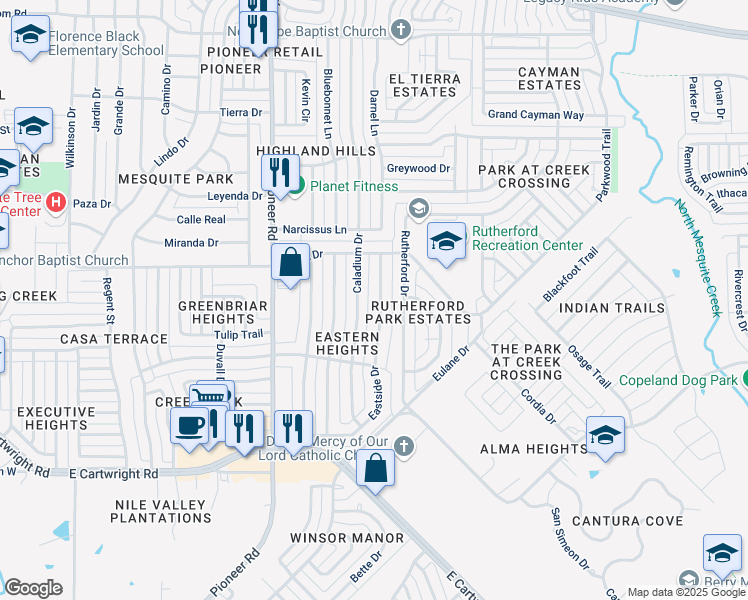 map of restaurants, bars, coffee shops, grocery stores, and more near 1237 Eastside Drive in Mesquite