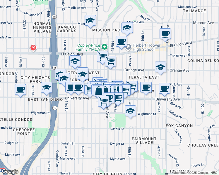 map of restaurants, bars, coffee shops, grocery stores, and more near 4077 Fairmount Avenue in San Diego