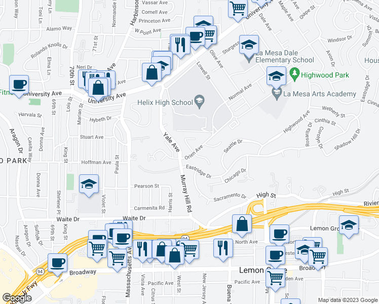 map of restaurants, bars, coffee shops, grocery stores, and more near 4004 Apore Street in La Mesa