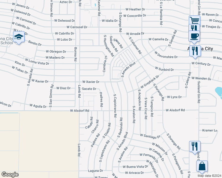 map of restaurants, bars, coffee shops, grocery stores, and more near 14188 South Capistrano Road in Arizona City