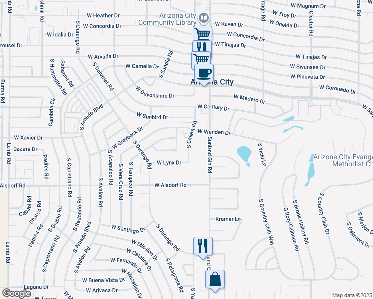 map of restaurants, bars, coffee shops, grocery stores, and more near 14220 South Calera Road in Arizona City