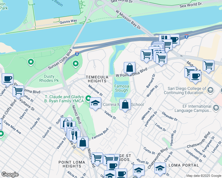 map of restaurants, bars, coffee shops, grocery stores, and more near 2818 Camulos Street in San Diego