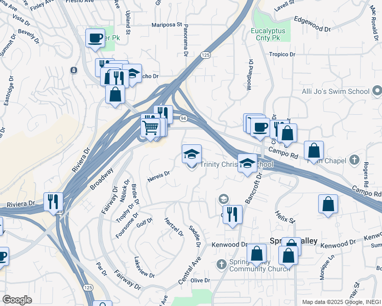 map of restaurants, bars, coffee shops, grocery stores, and more near 3955 Kenwood Drive in Spring Valley