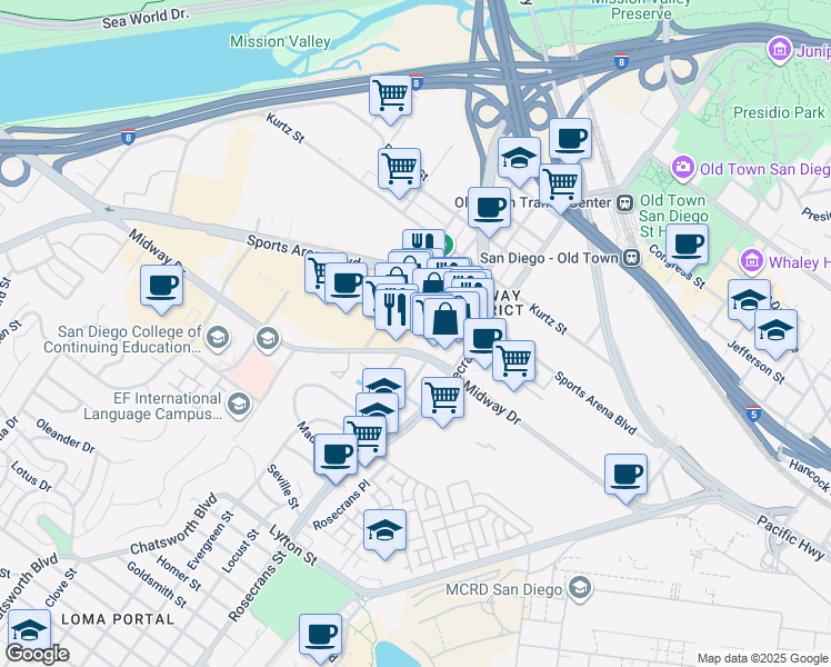 map of restaurants, bars, coffee shops, grocery stores, and more near 3140 Midway Drive in San Diego