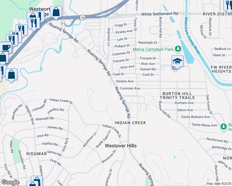 map of restaurants, bars, coffee shops, grocery stores, and more near 712 Roaring Springs Road in Fort Worth