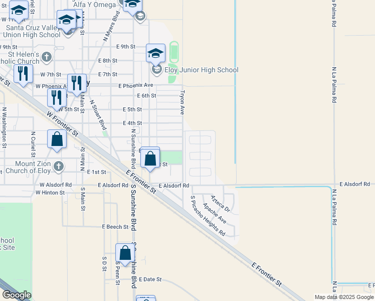 map of restaurants, bars, coffee shops, grocery stores, and more near 523 East Navajo Circle in Eloy