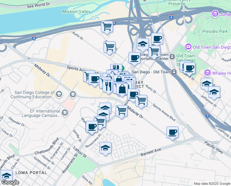 map of restaurants, bars, coffee shops, grocery stores, and more near 3610 Rosecrans Street in San Diego