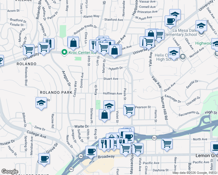 map of restaurants, bars, coffee shops, grocery stores, and more near 4026 Charles Street in La Mesa