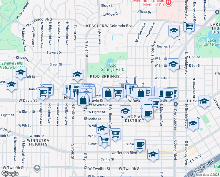 map of restaurants, bars, coffee shops, grocery stores, and more near 706 Winston Street in Dallas
