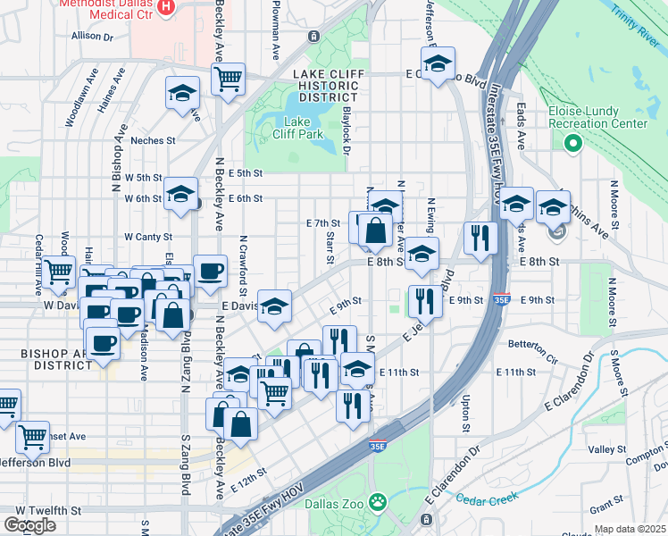 map of restaurants, bars, coffee shops, grocery stores, and more near 300 Starr Street in Dallas