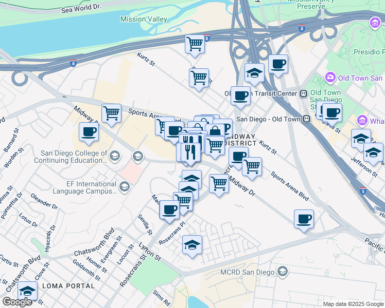 map of restaurants, bars, coffee shops, grocery stores, and more near 3166 Midway Drive in San Diego