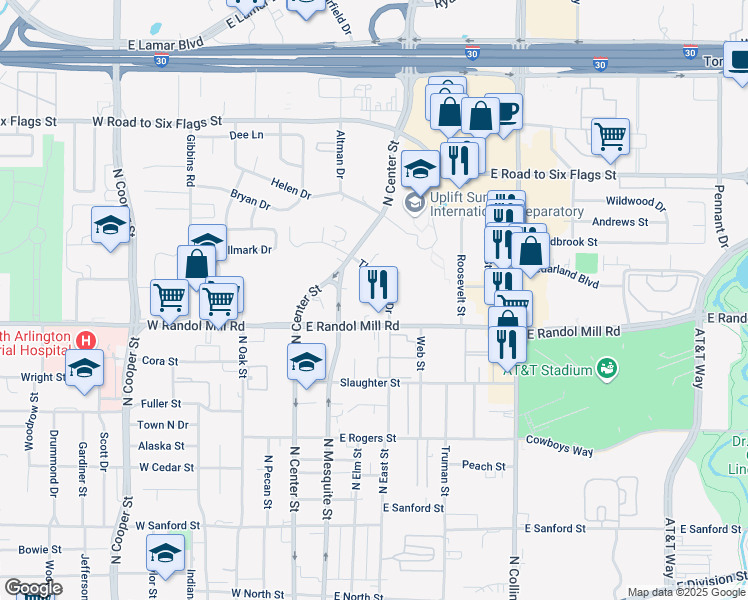 map of restaurants, bars, coffee shops, grocery stores, and more near 1012 Thannisch Drive in Arlington
